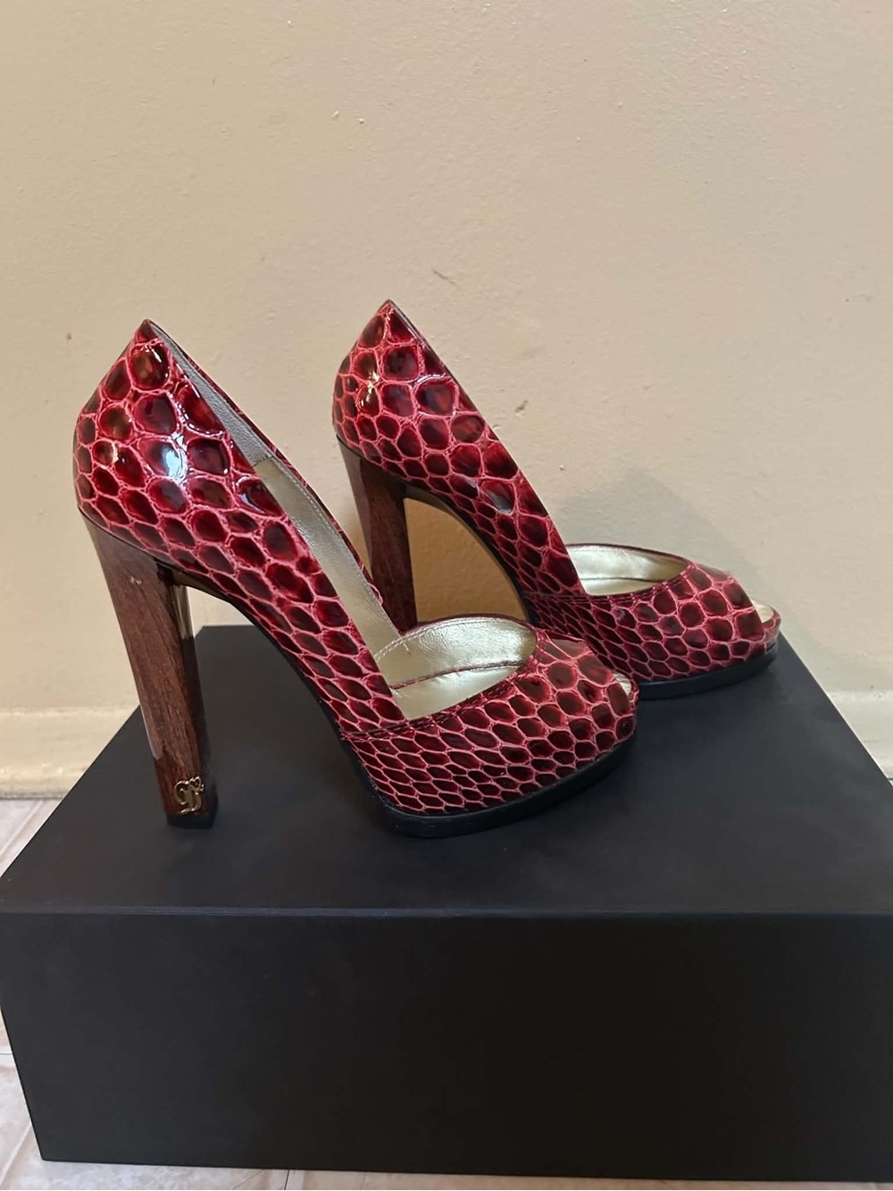 DSQUARED2 Red Snakeskin Peep-Toe Block Heels